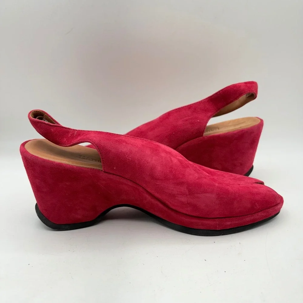 L'Amour Des Pieds Raspberry Pink Suede Wedge Sandals Peep Toe Slingback 8.5M‎